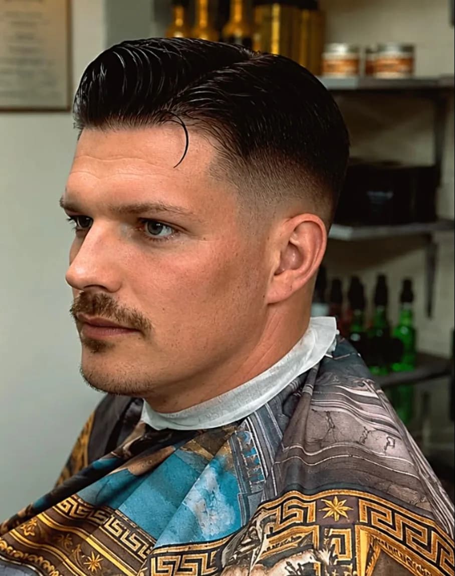 Klant met een strak slick-back kapsel en fade na zijn knipbeurt bij Barbershop De Maten in Apeldoorn